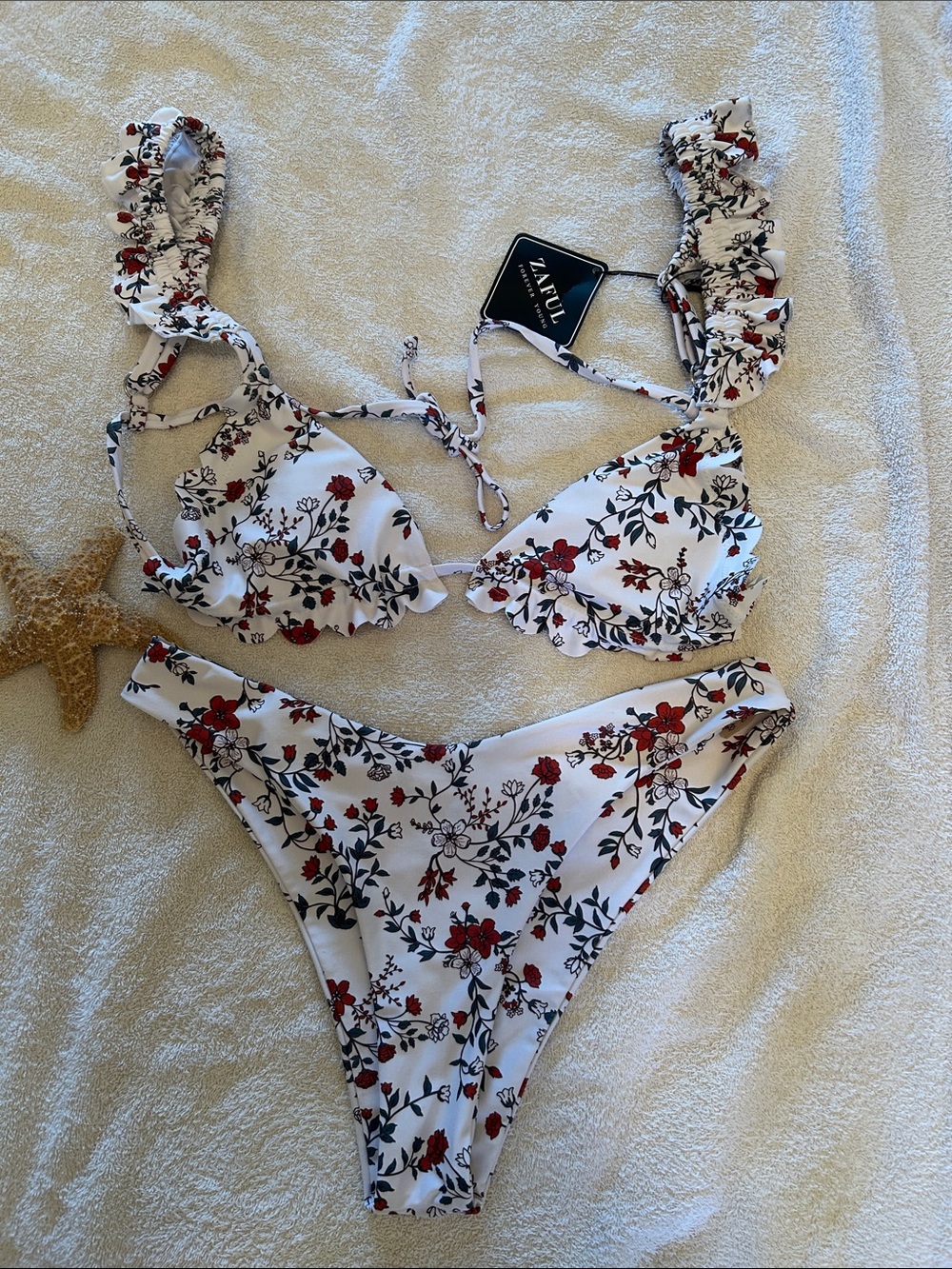 Zaful White Floral Ruffle Bikini Set with Red and Black Print